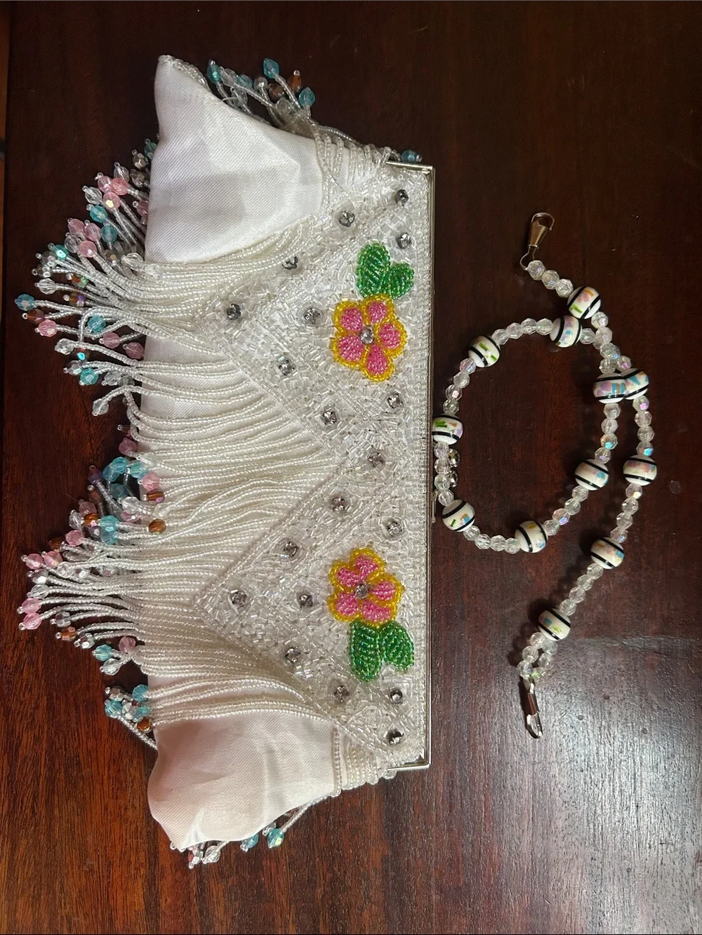 Beaded Floral Satin Fringe Evening Clutch Purse